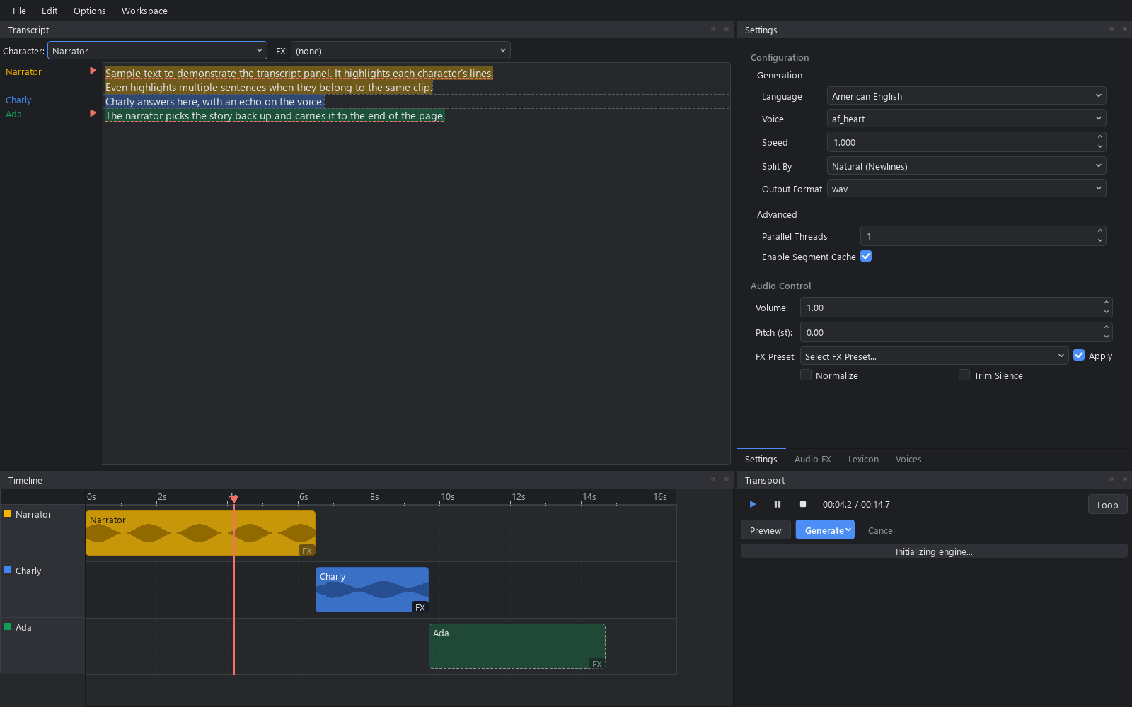 Kokoro GUI: a transcript with a character gutter and settings tabs above a seconds-axis timeline with waveforms, a playhead, and the transport